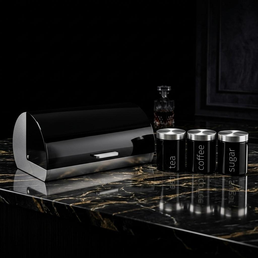 4 Piece Stainless Steel Bread Bin with Tea Coffee Sugar Canister Set Black Powder Coated Kitchen Storage Containers Modern Countertop Food Storage & Kitchen Organisation