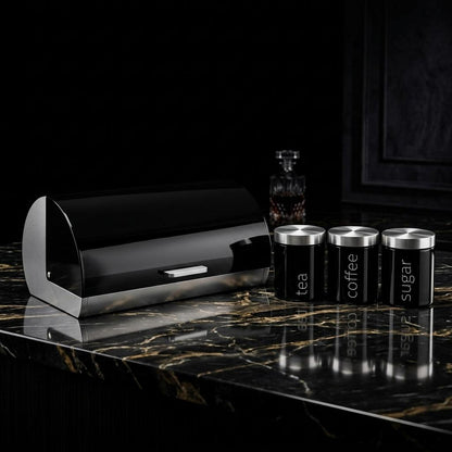4 Piece Stainless Steel Bread Bin with Tea Coffee Sugar Canister Set Black Powder Coated Kitchen Storage Containers Modern Countertop Food Storage & Kitchen Organisation