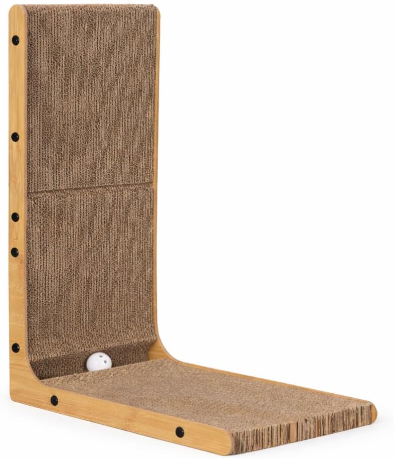 Cat Scratcher L-Shape with Ball Toy Vertical & Horizontal Corrugated Cardboard Scratching Post Wooden Frame Cat Scratch Pad for Indoor Cats