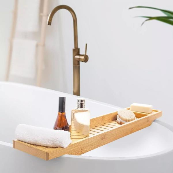 New Bamboo Bathtub Caddy Tray Bathroom Accessories Board Candle Wine Glass Book Tablet iPad & Phone Holders Bath Tub Rack Shelf Storage Organiser