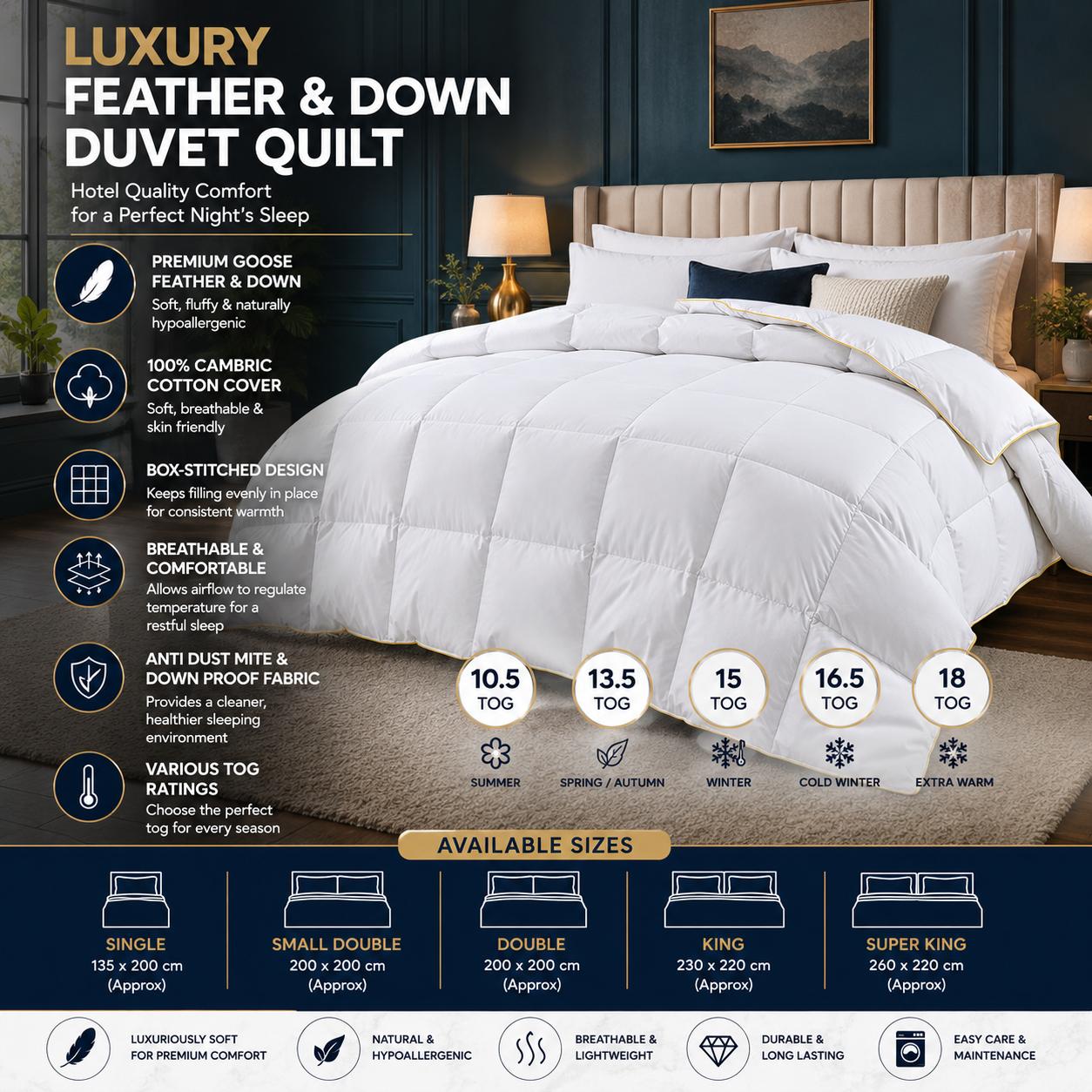 Luxury Feather & Down Duvet Quilt 100% Cotton Cover Warm Soft Breathable Bedding Single Double King Super King Multiple Tog