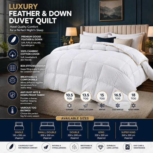 Luxury Feather & Down Duvet Quilt 100% Cotton Cover Warm Soft Breathable Bedding Single Double King Super King Multiple Tog