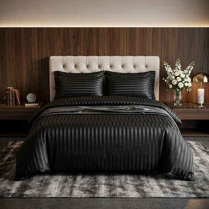 Premium Hotel Quality PolyCotton Satin Stripe Duvet Cover Set with Pillowcases Quilt Bedding Soft Easy Care Luxury Bed Linen