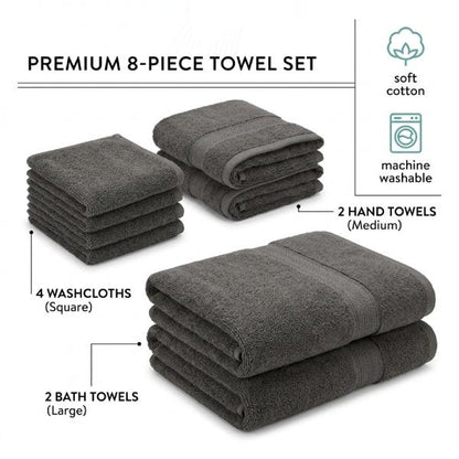 8 Piece Cotton Towel Set with 2 Bath Towels, 2 Hand Towels & 4 Wash Cloths, Soft Bathroom Towel Bundle, Machine Washable