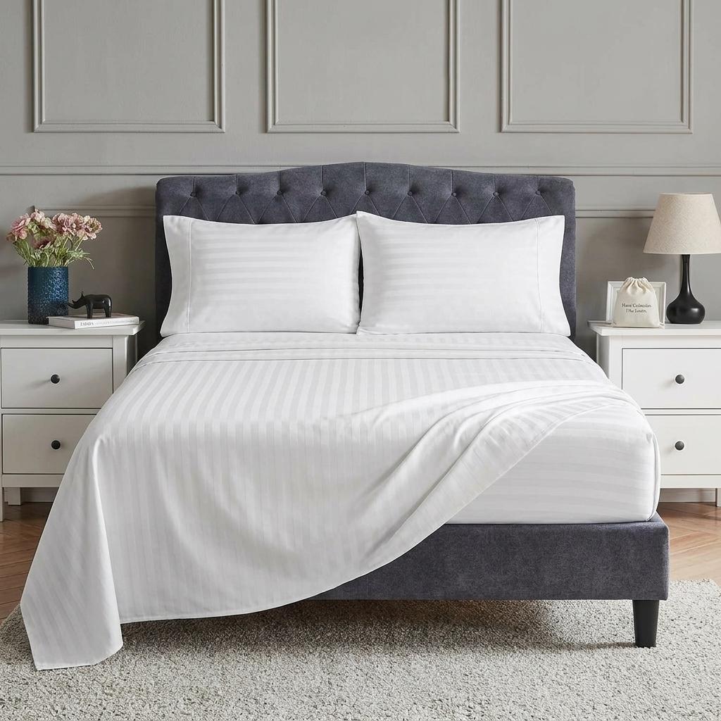 Stripe Flat Sheet 100% Cotton White Bedding Single Double King Super King Soft Breathable Bed Sheet UK