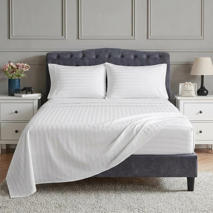 Stripe Flat Sheet 100% Cotton White Bedding Single Double King Super King Soft Breathable Bed Sheet UK