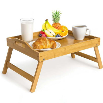 New Bamboo Bedside Table with Foldable Legs Bed Tray Breakfast Tray for Sofa Bed Eating Working Used As Desk for Laptop Snack Serving