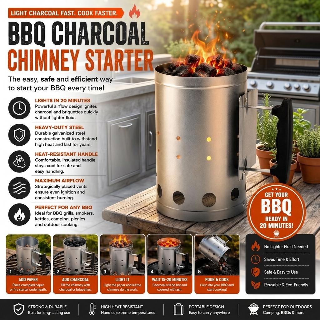 BBQ Charcoal Chimney Starter 19 x 27cm Heavy Duty Steel Charcoal Starter with Heat Resistant Handle for BBQ Grills, Smokers & Outdoor Cooking