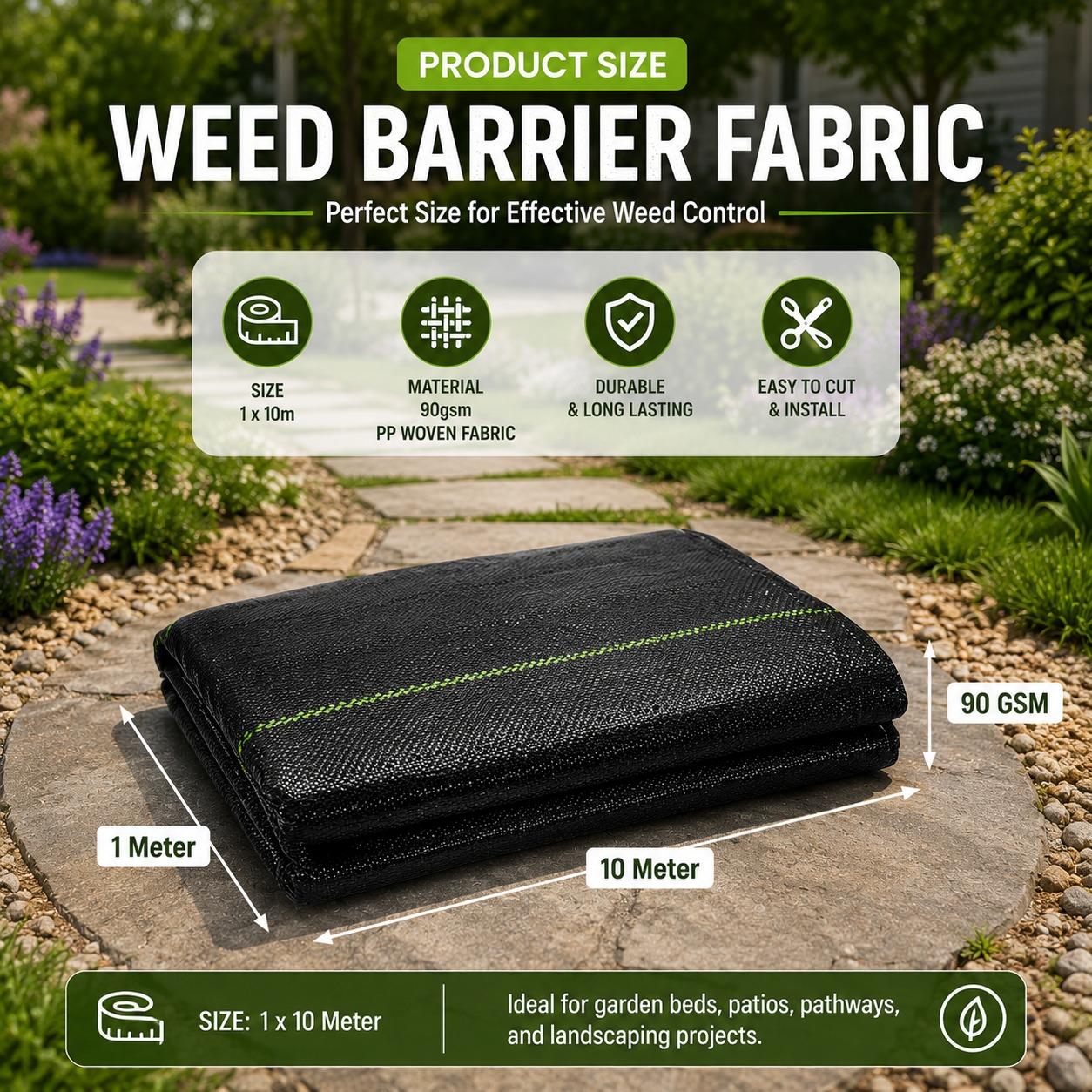 Heavy Duty Weed Barrier Fabric 1x10m 90gsm Ground Cover Membrane for Garden Landscaping Gravel Paths Patio Flower Beds