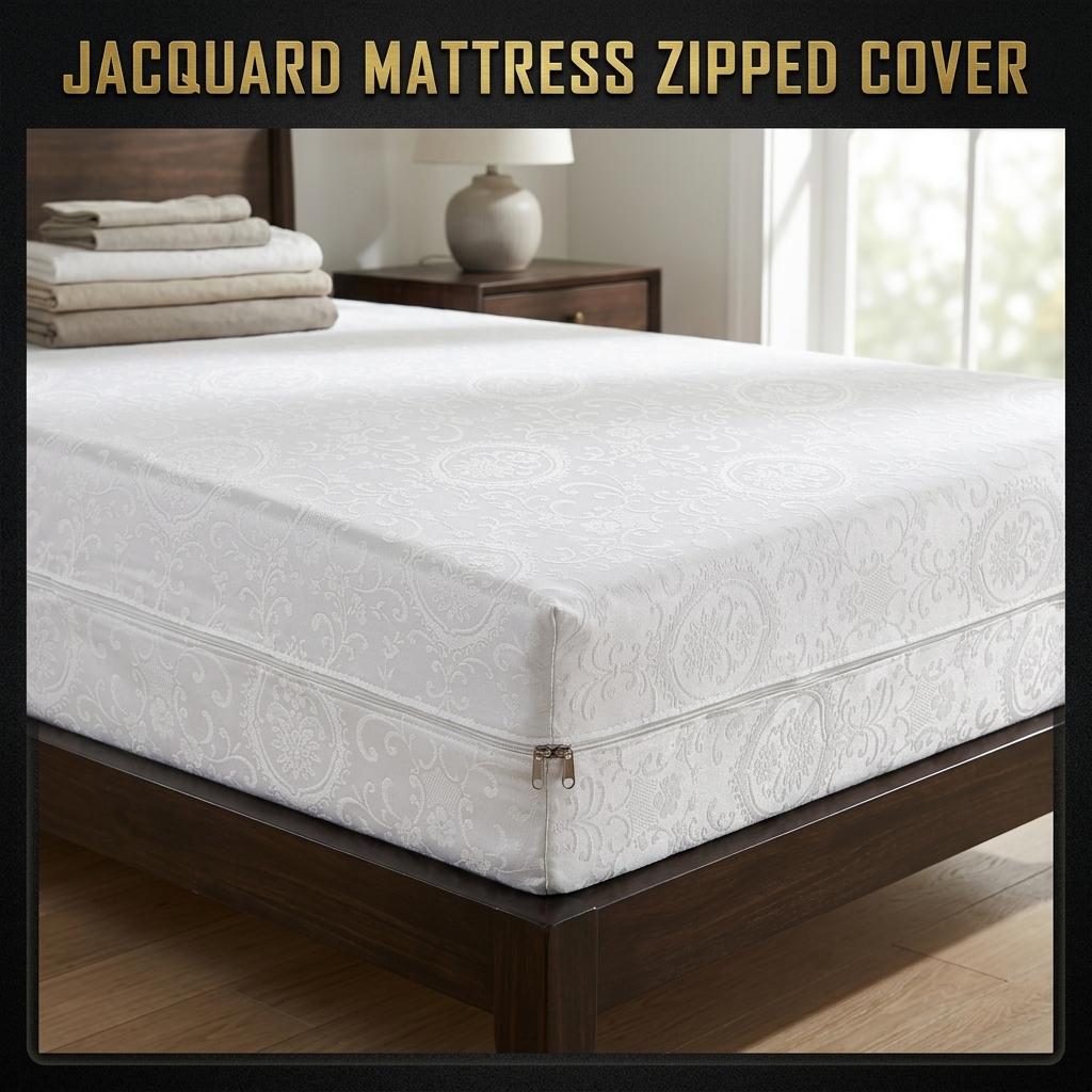 Zipped Mattress Protector Full Encasement Jacquard Flower Polycotton Anti Bed Bug Cover Breathable Hypoallergenic White