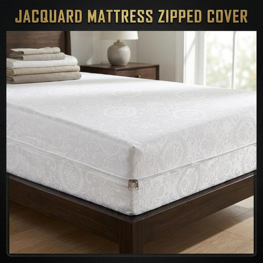 Zipped Mattress Protector Full Encasement Jacquard Flower Polycotton Anti Bed Bug Cover Breathable Hypoallergenic White