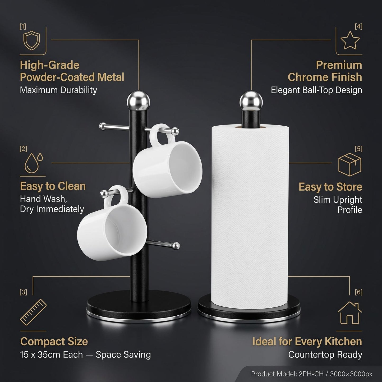 2 Pack Metal Mug Holder & Tissue Roll Stand Set | Powder Coated Kitchen Counter Organiser | Durable Cup Storage Rack UK