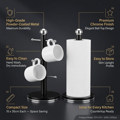 2 Pack Metal Mug Holder & Tissue Roll Stand Set | Powder Coated Kitchen Counter Organiser | Durable Cup Storage Rack UK