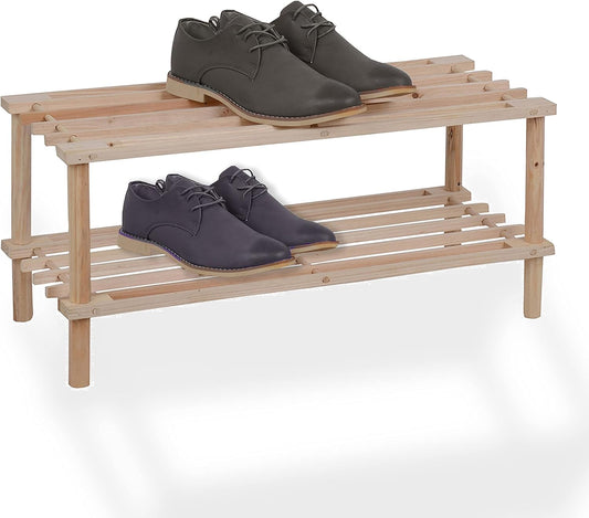 Natural Wooden Shoe Rack 2 Tier Shoe Storage Organizer Easy Assemble Shoe Stand Shelf for Entryway Hallway Bedroom Closet Space Saving Shoe Holder