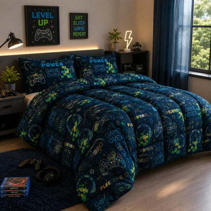 Reversible Coverless Duvet Set 10.5 Tog Soft Quilted Bedding Set with Pillowcases Unicorn Gamer Print Single Double