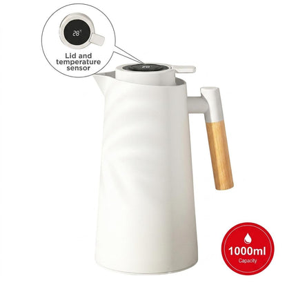 1L Smart Vacuum Jug with LCD Temperature Display, Insulated Thermal Flask, Glass Liner, Wooden Handle, Hot & Cold Beverage Jug