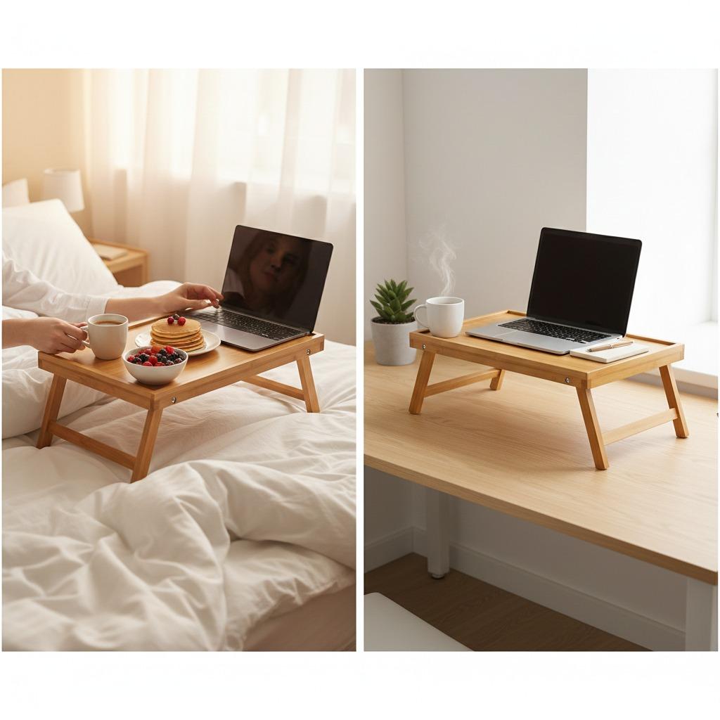 New Bamboo Bedside Table with Foldable Legs Bed Tray Breakfast Tray for Sofa Bed Eating Working Used As Desk for Laptop Snack Serving