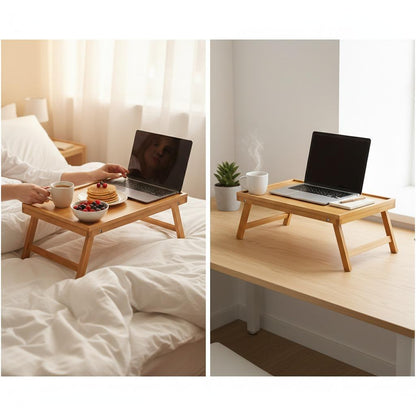 New Bamboo Bedside Table with Foldable Legs Bed Tray Breakfast Tray for Sofa Bed Eating Working Used As Desk for Laptop Snack Serving