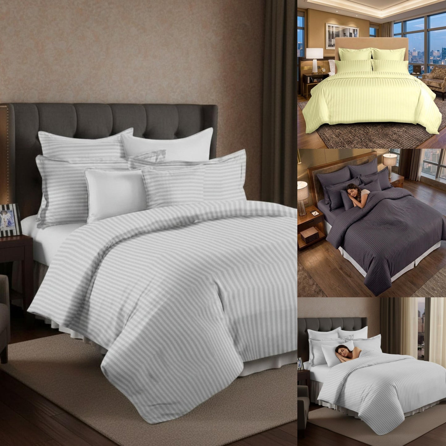 Satin Stripe Duvet Cover Set Soft Microfiber Bedding Set Single Double King Super King