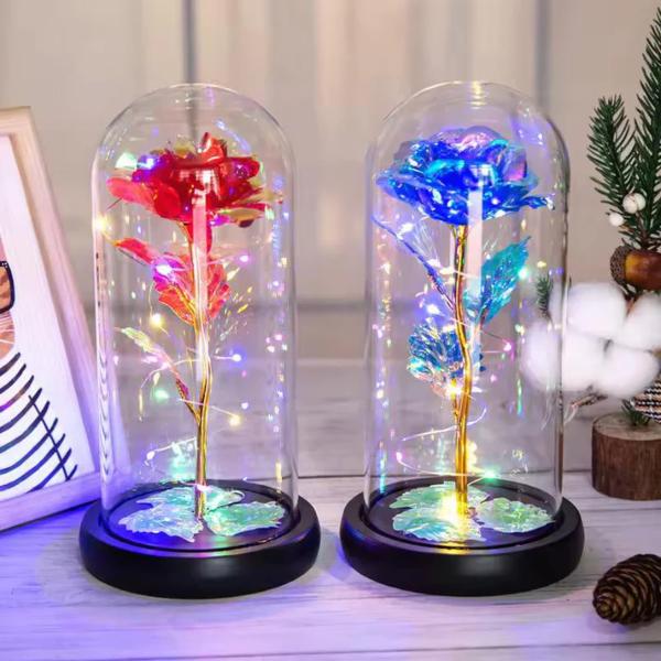 Light Up Artificial Rose in Glass Dome with LED Lights Decorative Flower Display Ornament Random Colour