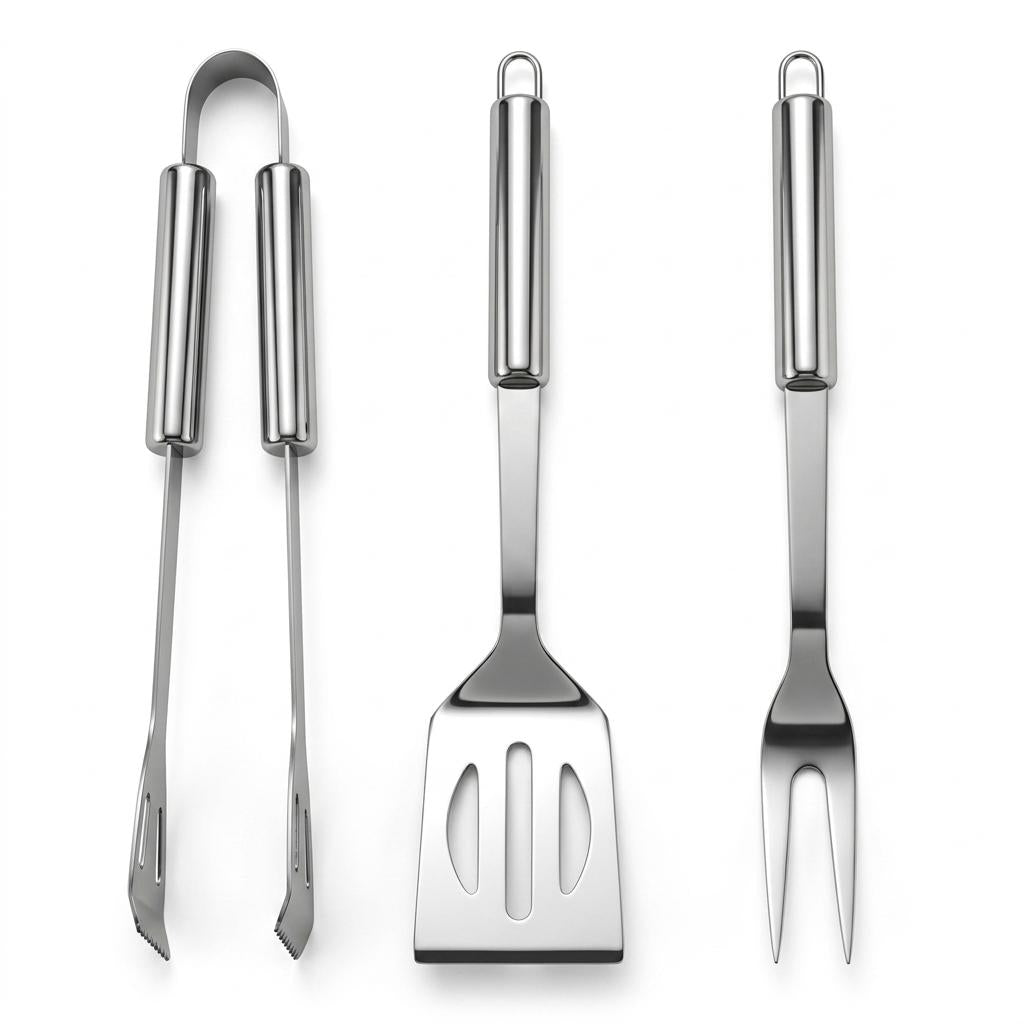 3 Piece Stainless Steel BBQ Tool Set with Food Turner, Tongs & Fork Barbecue Utensils with Hanging Loops BBQ Accessories for Garden, Camping & Outdoor Cooking