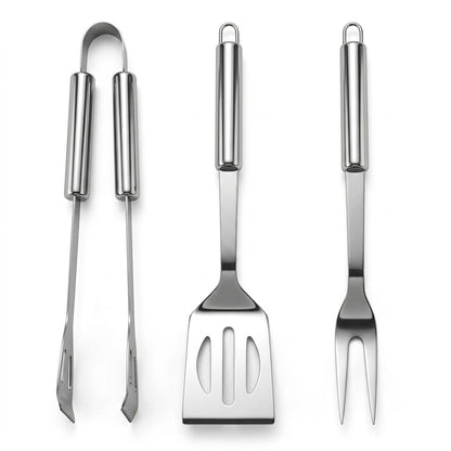 3 Piece Stainless Steel BBQ Tool Set with Food Turner, Tongs & Fork Barbecue Utensils with Hanging Loops BBQ Accessories for Garden, Camping & Outdoor Cooking