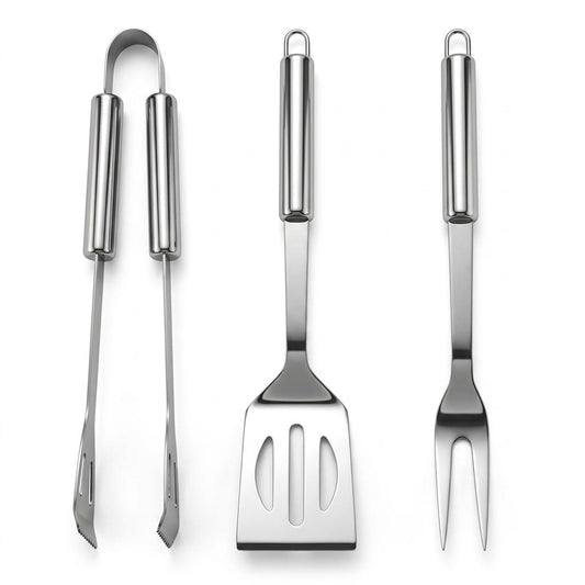3 Piece Stainless Steel BBQ Tool Set with Food Turner, Tongs & Fork Barbecue Utensils with Hanging Loops BBQ Accessories for Garden, Camping & Outdoor Cooking