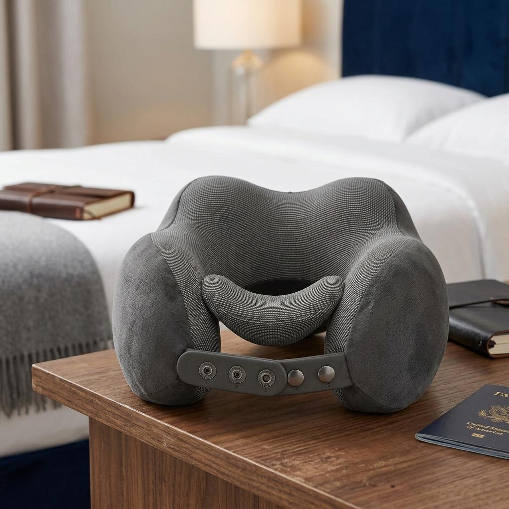 Memory Foam Travel Pillow Set with Eye Mask & Ear Plugs Adjustable Neck Support Cushion Washable Travel Pillow for Plane, Car & Train