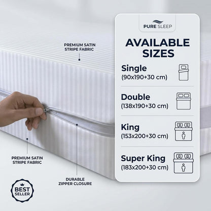 Satin Stripe Zipped Mattress Protector Double Side Zipper Closure Full Encasement Covers Anti Bed Bug Mattress Zip Protector 30cm Deep Matress Cover with Zip Blue and white