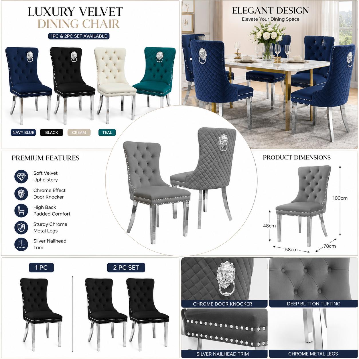 Velvet Dining Chair with Chrome Effect Door Knocker High Back Padded Seat Metal Legs Upholstered Dining Room Chair Single