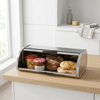 Stainless Steel Bread Bin Medium Chrome Finish Bread Storage Box for Kitchen Countertop Bread, Rolls & Baked Goods
