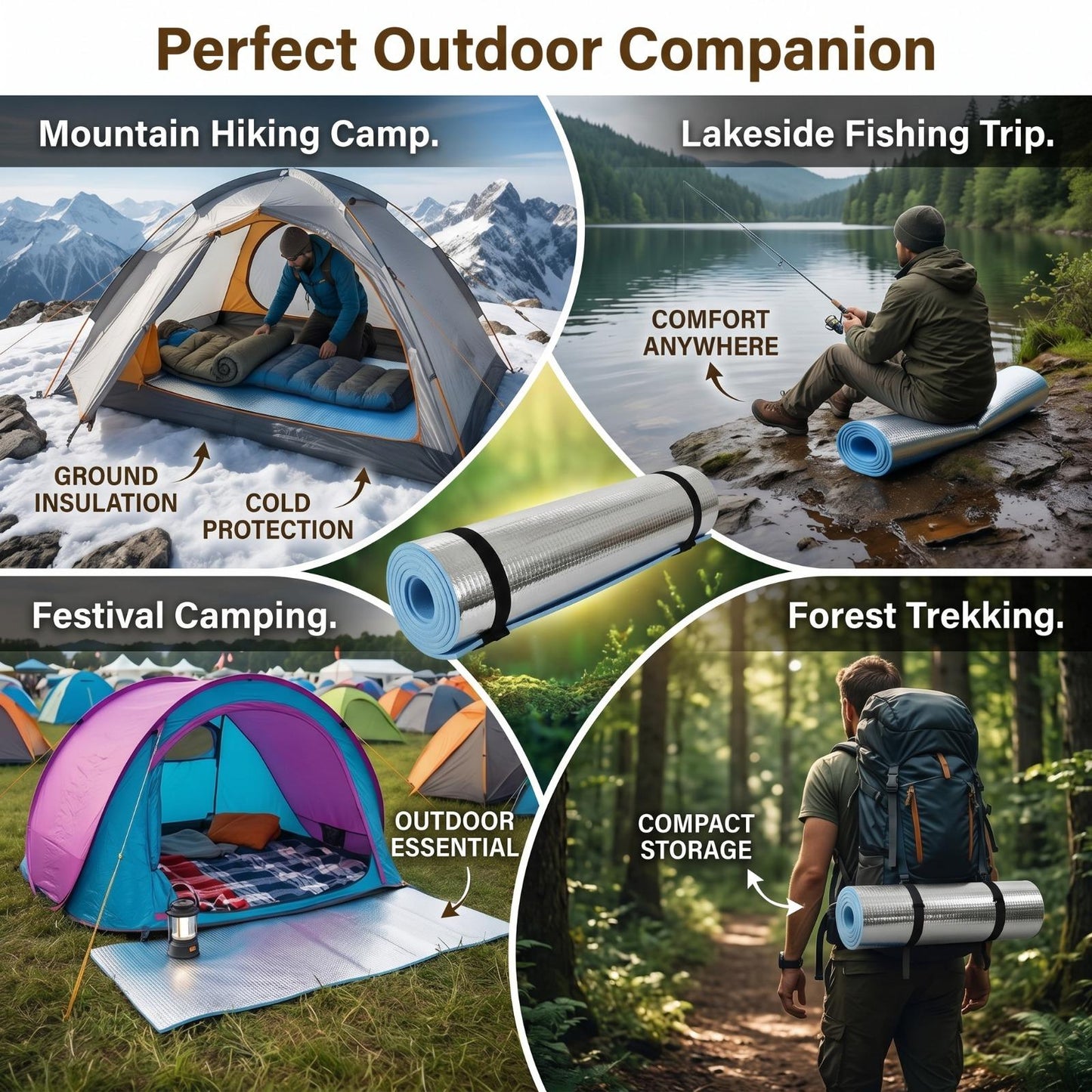 Aluminium EVA Foam Camping Mat 180x50cm – Waterproof Roll Up Sleeping Mat for Camping, Hiking & Outdoor Activities with Storage Straps