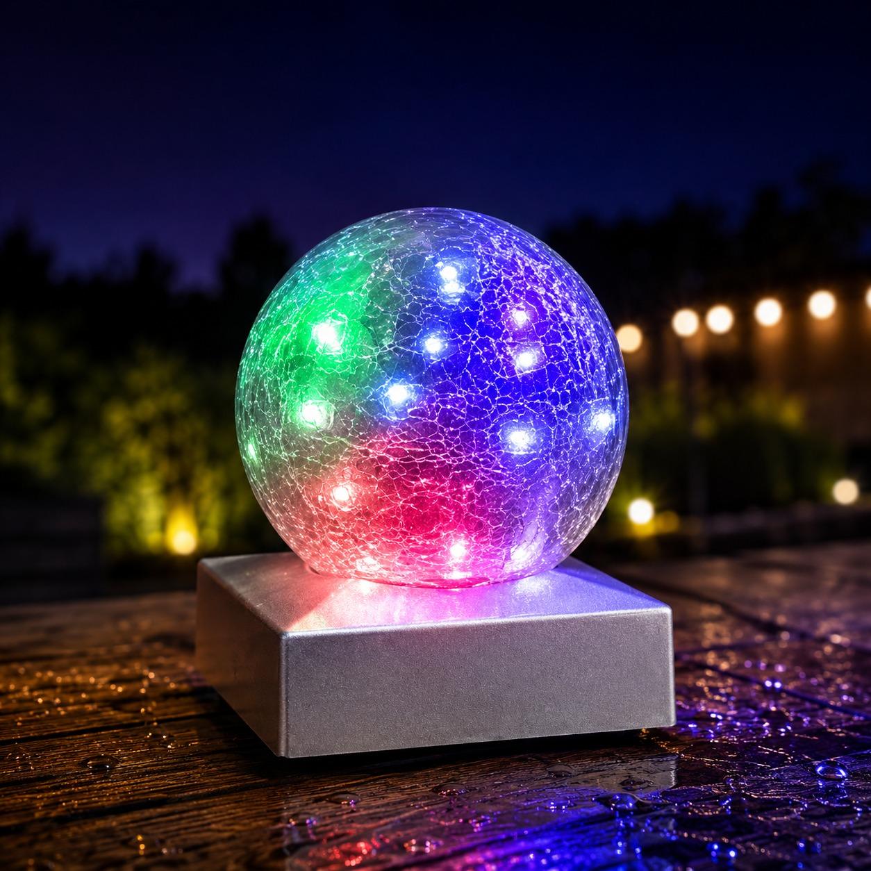 2 Pack Solar Crackle Glass Ball Lights Silver Base Outdoor LED Post Deck Cap Garden Pathway Lighting UK
