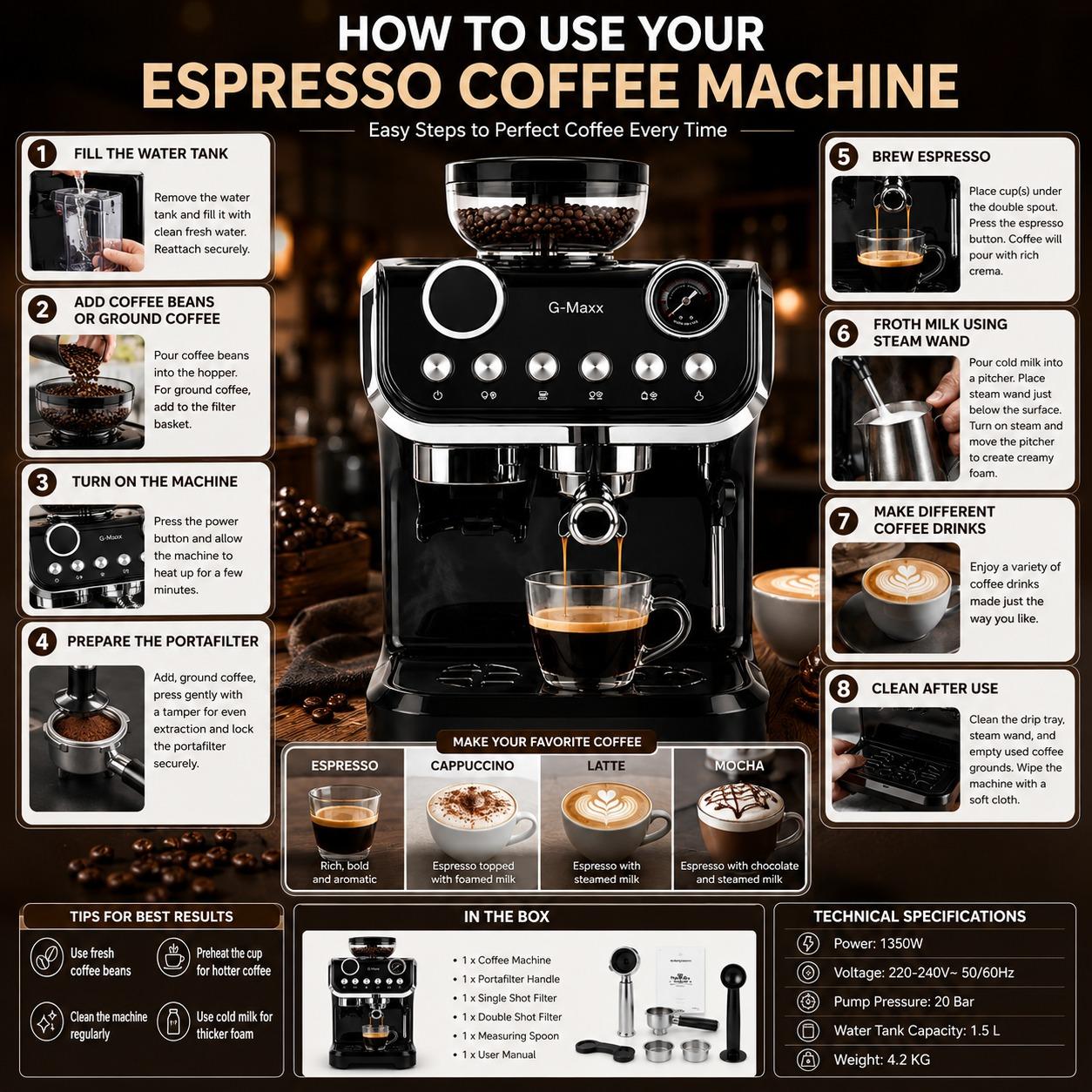 Home Coffee Machine Espresso Maker with Milk Frother Steam Wand Dual Shot Brewing and Pressure Gauge for Cappuccino Latte Lovers