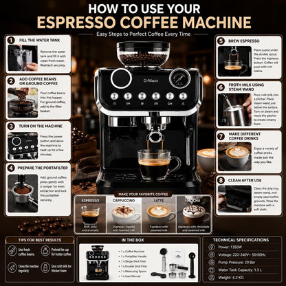 Home Coffee Machine Espresso Maker with Milk Frother Steam Wand Dual Shot Brewing and Pressure Gauge for Cappuccino Latte Lovers