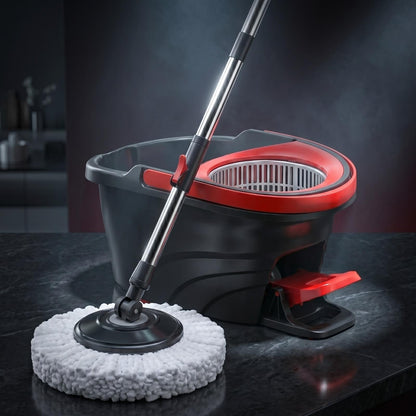 Deluxe Spin Mop and Bucket Set with Stainless Steel Handle Microfibre Mop Heads and Foot Pedal