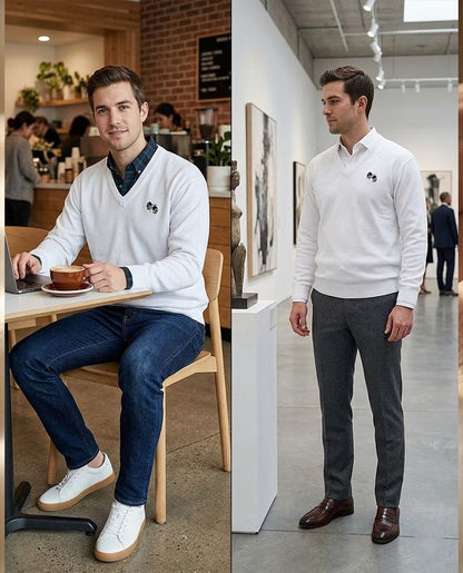 Men’s Lightweight White Sweater Bowling Golf Style Jumper Soft Knit Casual Top S–5XL Long Sleeve Breathable Fabric