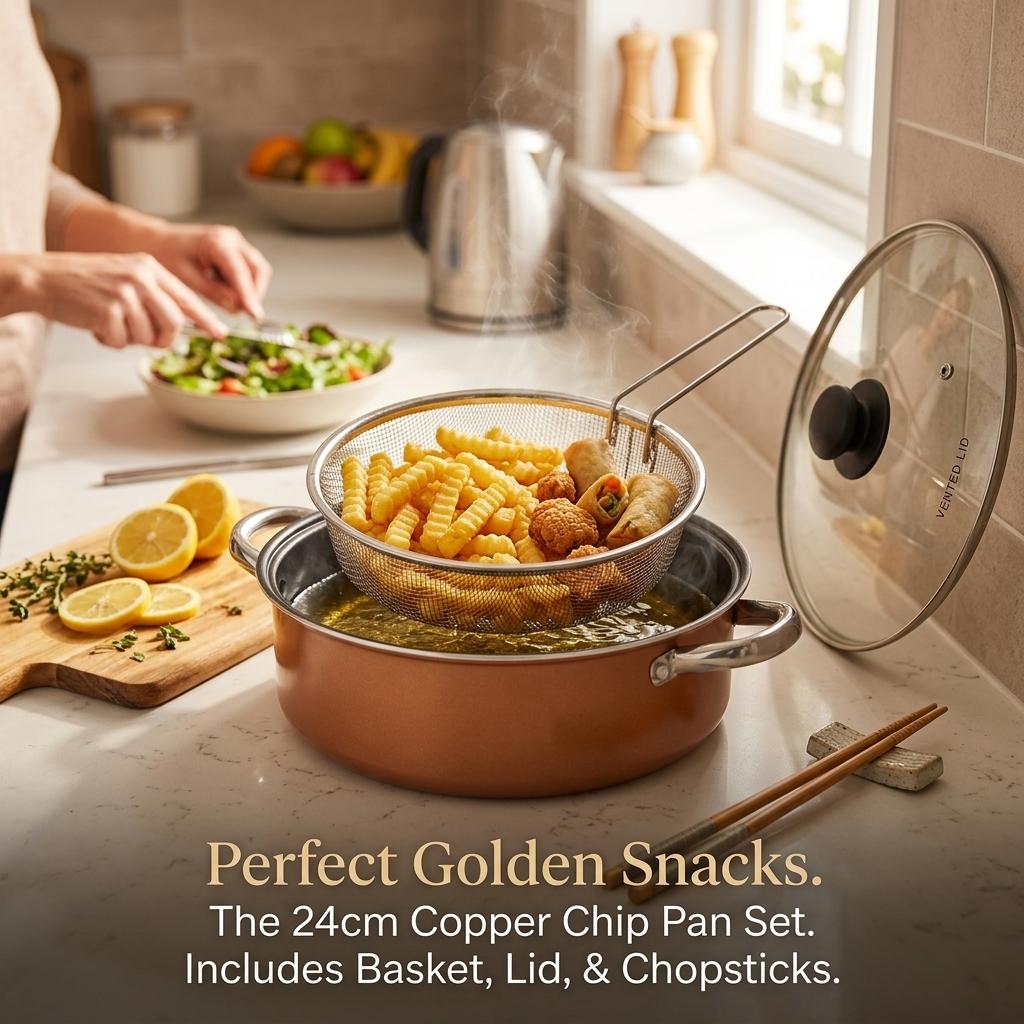 24cm Non-Stick Deep Fryer Pan Set with Basket, Glass Lid & Chopsticks Multi-Purpose Cooking Pot