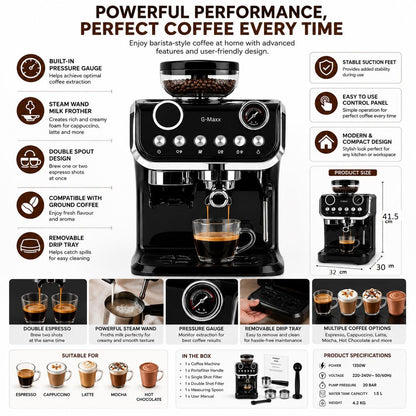 Home Coffee Machine Espresso Maker with Milk Frother Steam Wand Dual Shot Brewing and Pressure Gauge for Cappuccino Latte Lovers