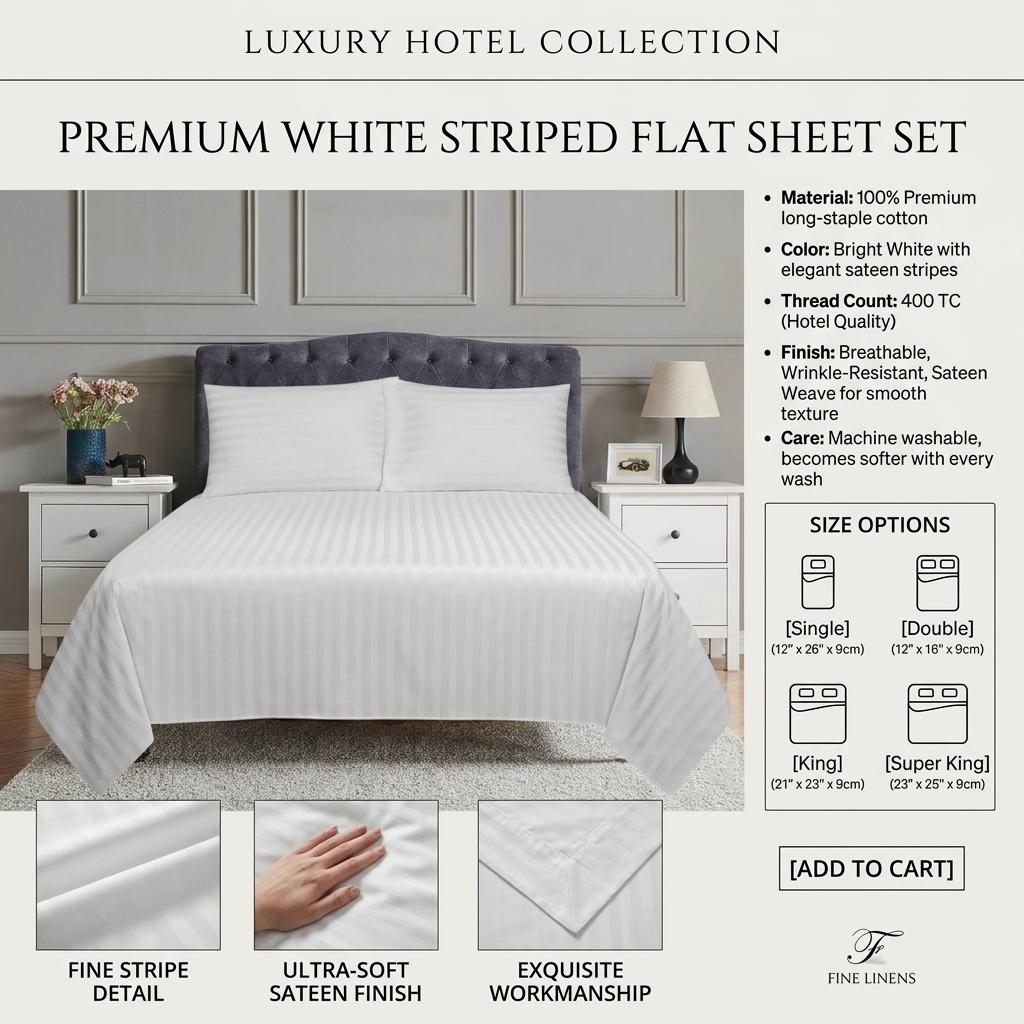 Stripe Flat Sheet 100% Cotton White Bedding Single Double King Super King Soft Breathable Bed Sheet UK
