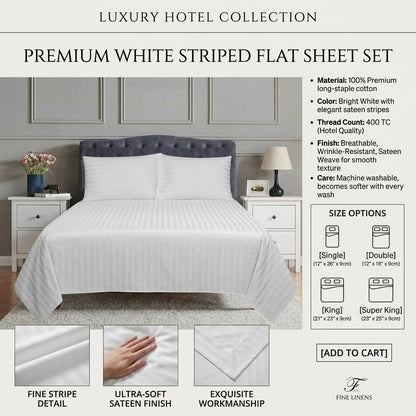 Stripe Flat Sheet 100% Cotton White Bedding Single Double King Super King Soft Breathable Bed Sheet UK