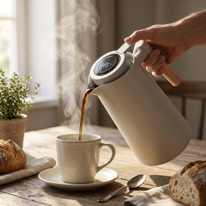 1L Smart Vacuum Jug with LCD Temperature Display, Insulated Thermal Flask, Glass Liner, Wooden Handle, Hot & Cold Beverage Jug