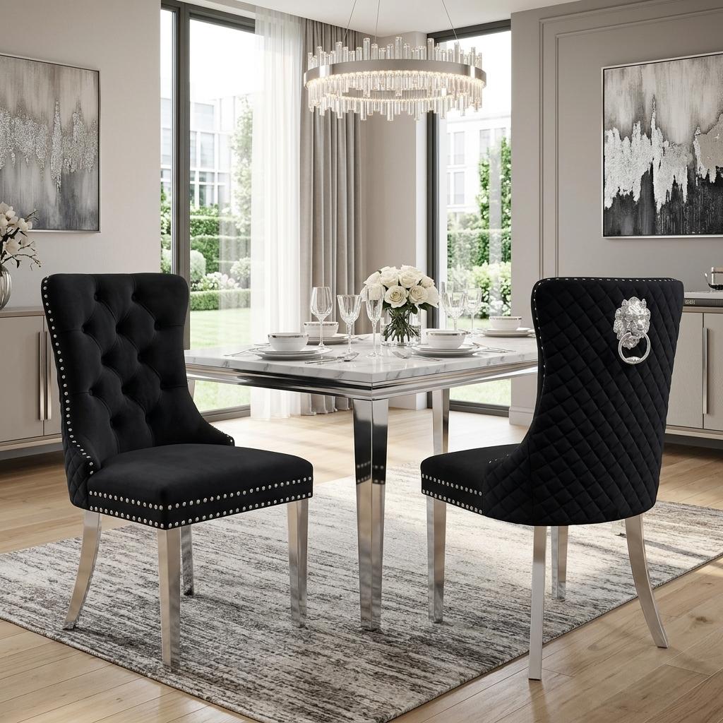 Velvet Dining Chair with Chrome Effect Door Knocker High Back Padded Seat Metal Legs Upholstered Dining Room Chair Single