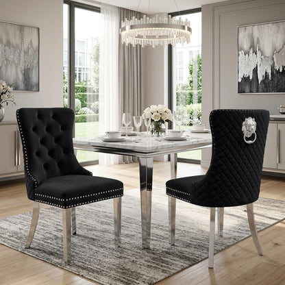 Velvet Dining Chair with Chrome Effect Door Knocker High Back Padded Seat Metal Legs Upholstered Dining Room Chair Single