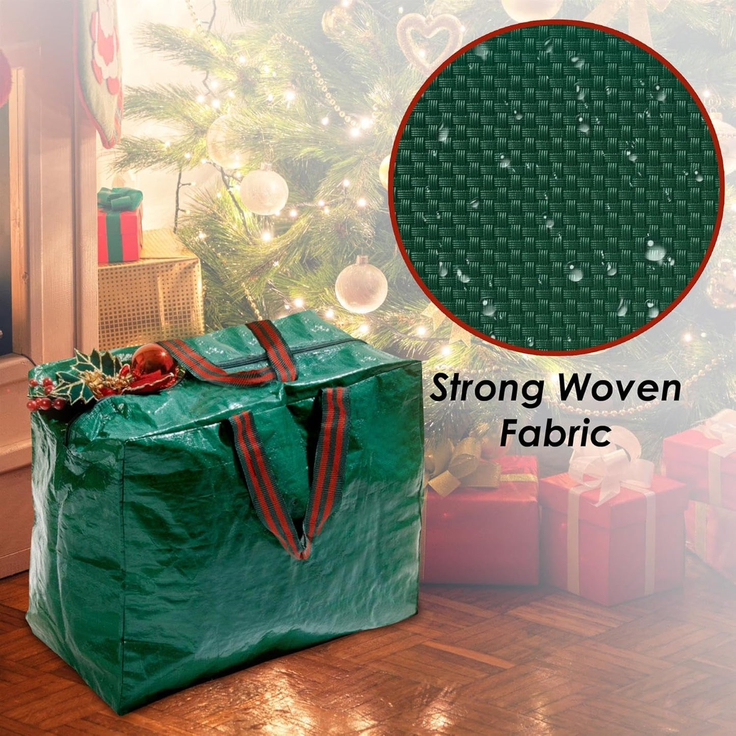 Large Christmas Lights Storage Bag Zip Closure Strong Handles Delicate Decorations Ornaments Baubles Wrapping Paper and Tinsel Storage Durable Woven Polyethylene Material L46 x W25 x H38cm