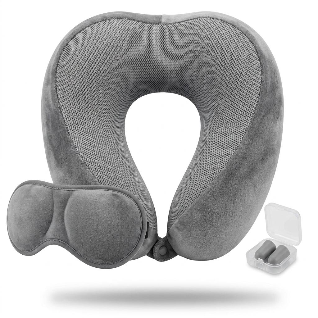 Memory Foam Travel Pillow Set with Eye Mask & Ear Plugs Adjustable Neck Support Cushion Washable Travel Pillow for Plane, Car & Train