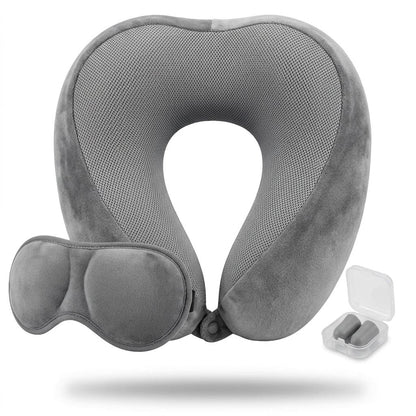 Memory Foam Travel Pillow Set with Eye Mask & Ear Plugs Adjustable Neck Support Cushion Washable Travel Pillow for Plane, Car & Train