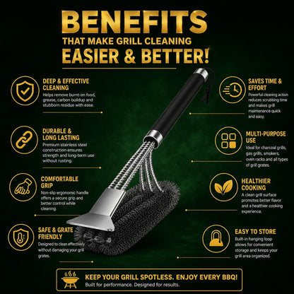 44cm BBQ Cleaning Brush & Scraper Stainless Steel Grill Brush with Non-Slip Ergonomic Handle for Charcoal & Gas BBQ Grills