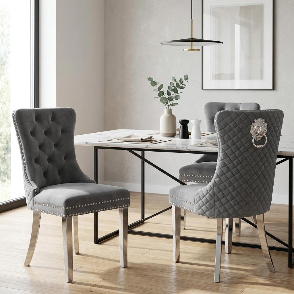 Velvet Dining Chair with Chrome Effect Door Knocker High Back Padded Seat Metal Legs Upholstered Dining Room Chair Single