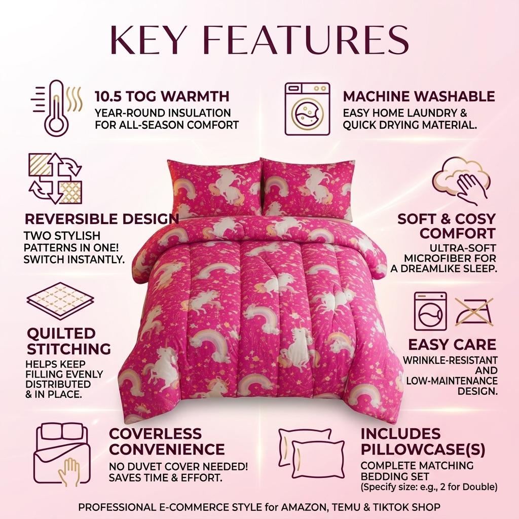 Reversible Coverless Duvet Set 10.5 Tog Soft Quilted Bedding Set with Pillowcases Unicorn Gamer Print Single Double